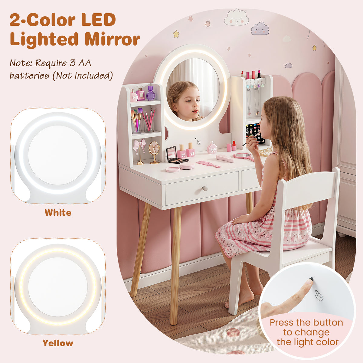 Kids Vanity Set with Lights, Princess Vanity Desk Set with LED Lighted Mirror
