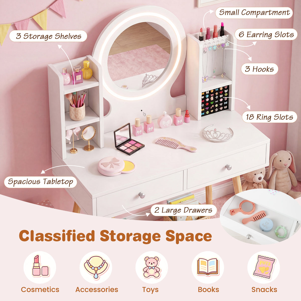 Kids Vanity Set with Lights, Princess Vanity Desk Set with LED Lighted Mirror