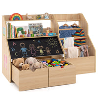 Toy Storage Organizer, Kids Bookshelf with Flip-up Blackboard, Open Shelves, 5 Solid Wood Hanging Rods