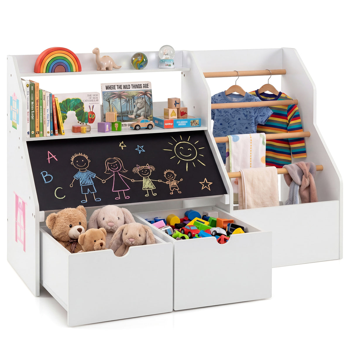 Toy Storage Organizer, Kids Bookshelf with Flip-up Blackboard, Open Shelves, 5 Solid Wood Hanging Rods