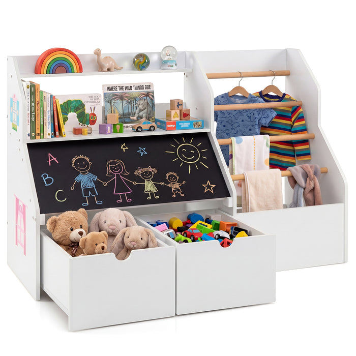 Toy Storage Organizer, Kids Bookshelf with Flip-up Blackboard, Open Shelves, 5 Solid Wood Hanging Rods