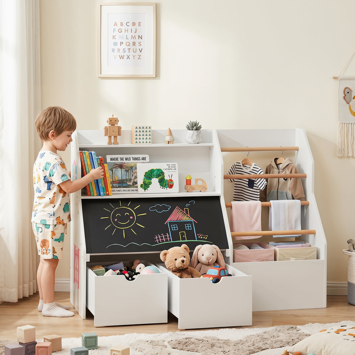 Toy Storage Organizer, Kids Bookshelf with Flip-up Blackboard, Open Shelves, 5 Solid Wood Hanging Rods
