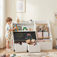 Toy Storage Organizer, Kids Bookshelf with Flip-up Blackboard, Open Shelves, 5 Solid Wood Hanging Rods