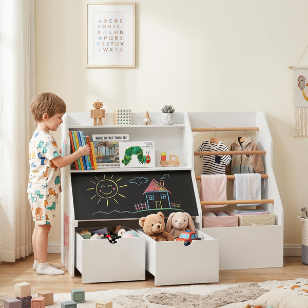 Toy Storage Organizer, Kids Bookshelf with Flip-up Blackboard, Open Shelves, 5 Solid Wood Hanging Rods