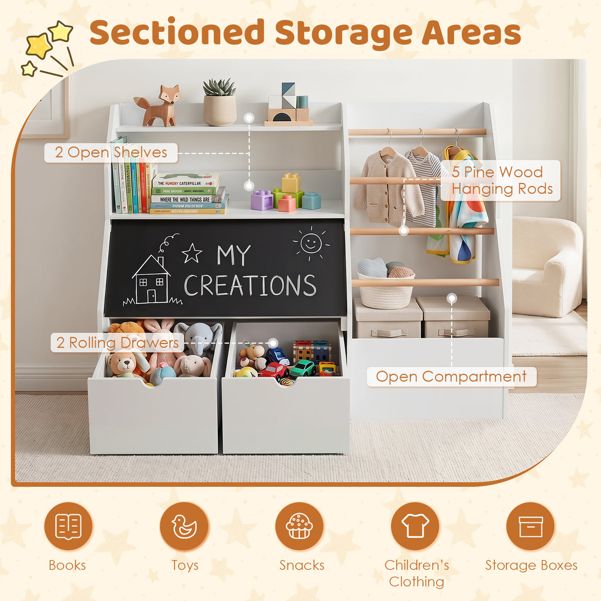 Toy Storage Organizer, Kids Bookshelf with Flip-up Blackboard, Open Shelves, 5 Solid Wood Hanging Rods