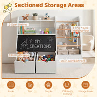 Toy Storage Organizer, Kids Bookshelf with Flip-up Blackboard, Open Shelves, 5 Solid Wood Hanging Rods