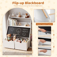 Toy Storage Organizer, Kids Bookshelf with Flip-up Blackboard, Open Shelves, 5 Solid Wood Hanging Rods