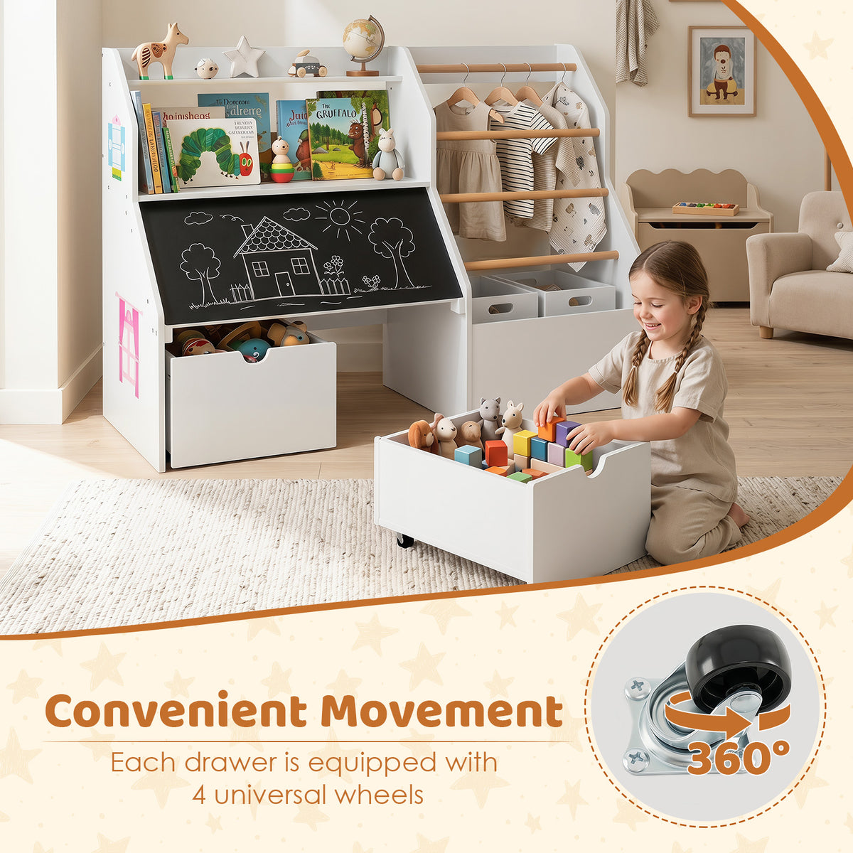 Toy Storage Organizer, Kids Bookshelf with Flip-up Blackboard, Open Shelves, 5 Solid Wood Hanging Rods
