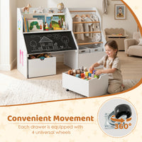 Toy Storage Organizer, Kids Bookshelf with Flip-up Blackboard, Open Shelves, 5 Solid Wood Hanging Rods
