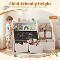 Toy Storage Organizer, Kids Bookshelf with Flip-up Blackboard, Open Shelves, 5 Solid Wood Hanging Rods