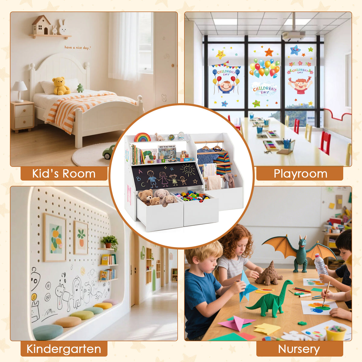Toy Storage Organizer, Kids Bookshelf with Flip-up Blackboard, Open Shelves, 5 Solid Wood Hanging Rods