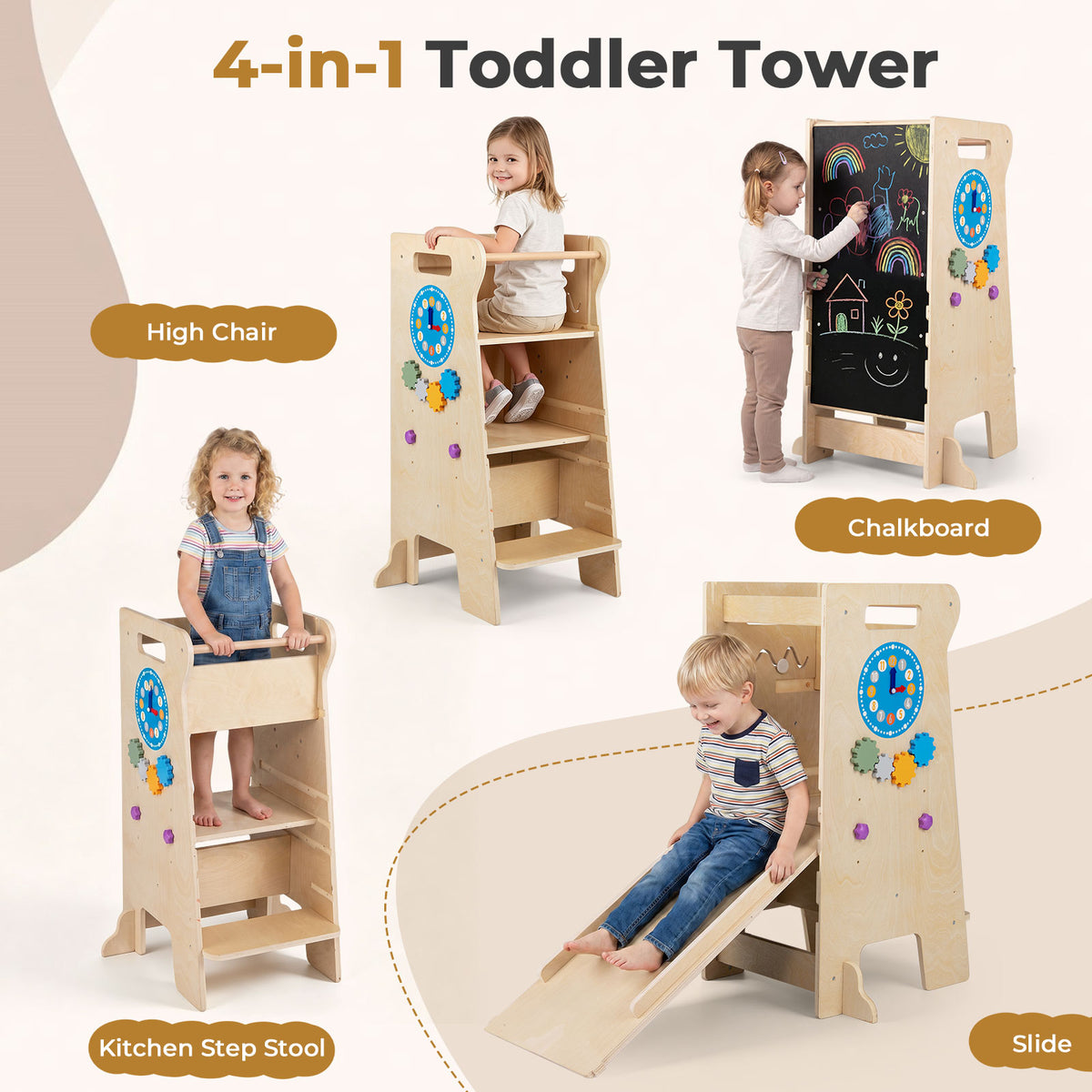 4-in-1 Toddler Tower with Chalkboard Slide Montessori Games