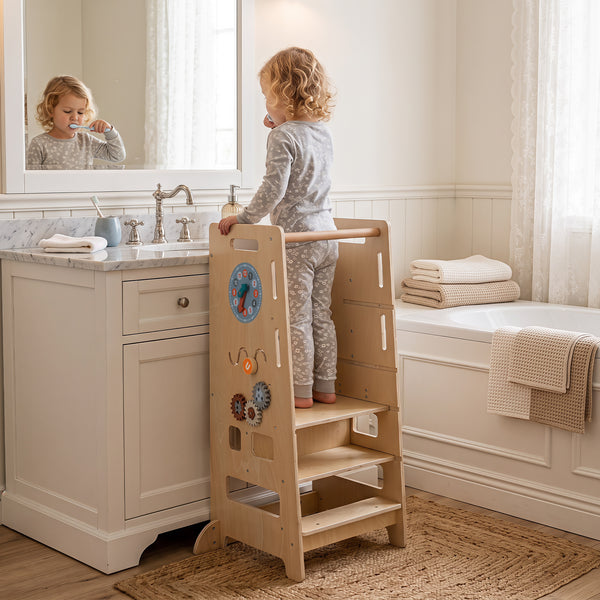 Toddler Standing Tower w/ Adjustable Height & Blackboard, Natural