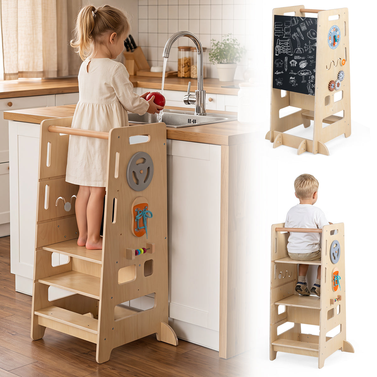 Toddler Standing Tower w/ Adjustable Height & Blackboard, Natural