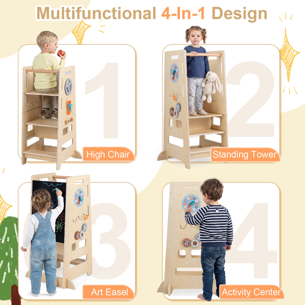 Toddler Standing Tower w/ Adjustable Height & Blackboard, Natural