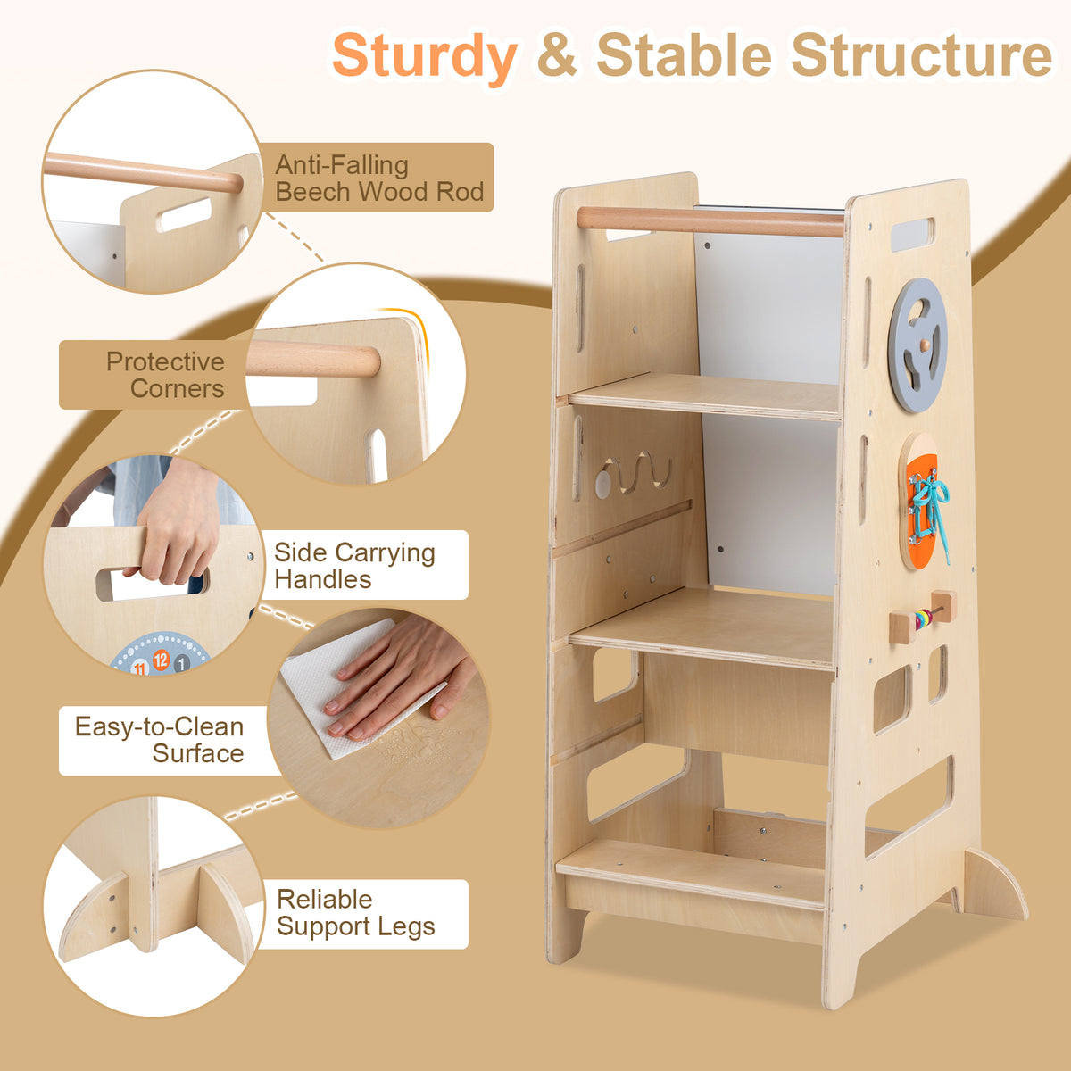 Toddler Standing Tower w/ Adjustable Height & Blackboard, Natural
