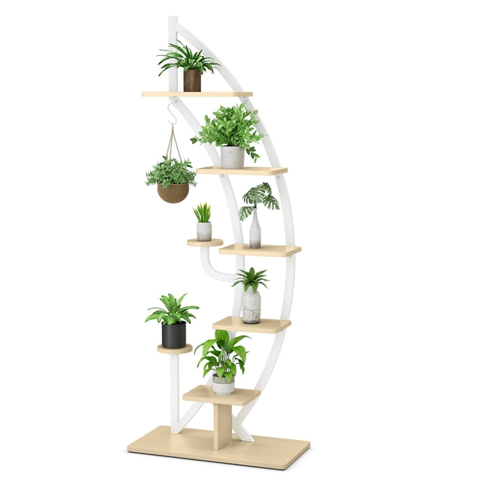 6-Tier Tall Metal Plant Stand Rack, Curved Half Moon Shape Ladder Planter Shelf W/ Top Hook