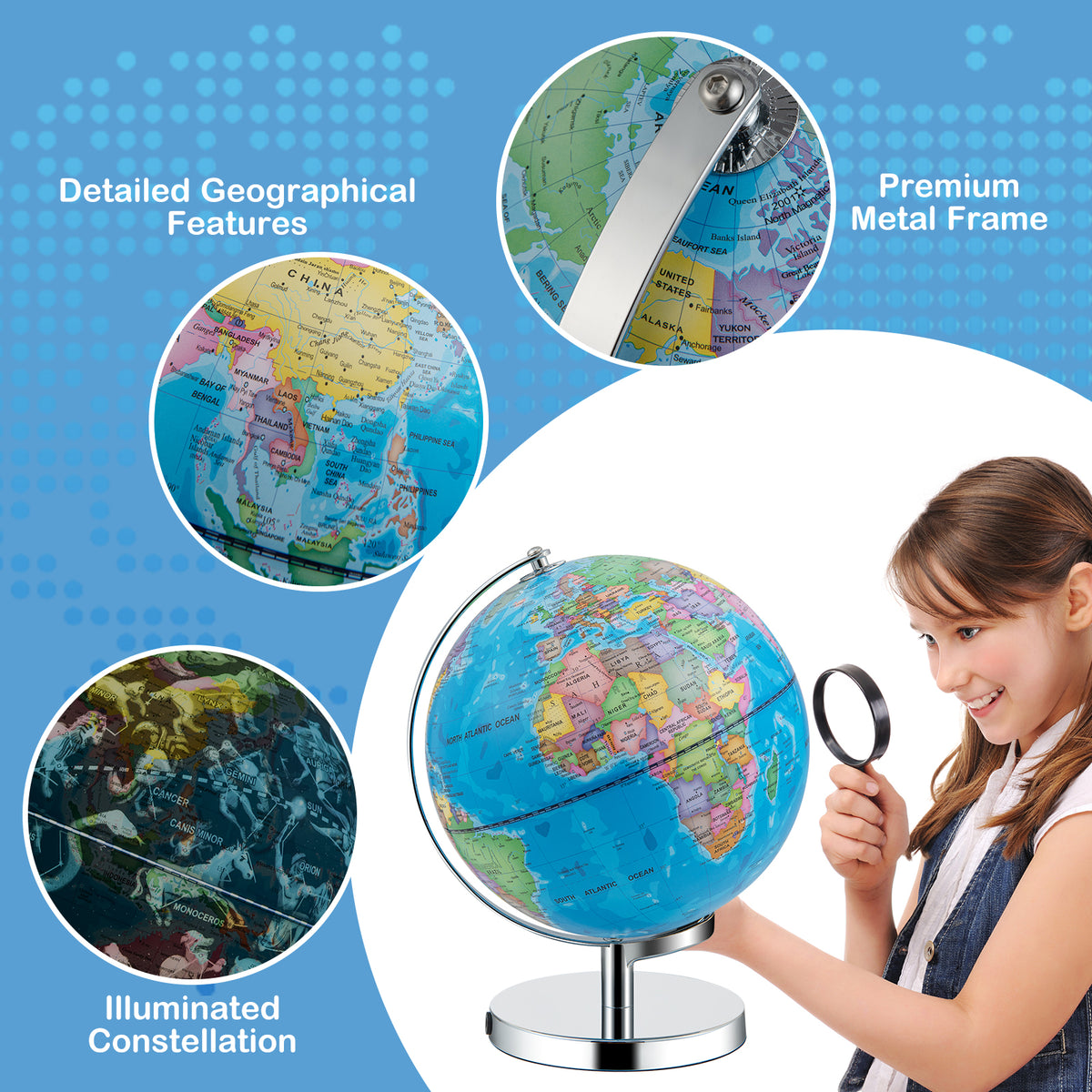 World Globe, 3-in-1 Desktop Spinning Earth w/ Illuminated Constellation Maps
