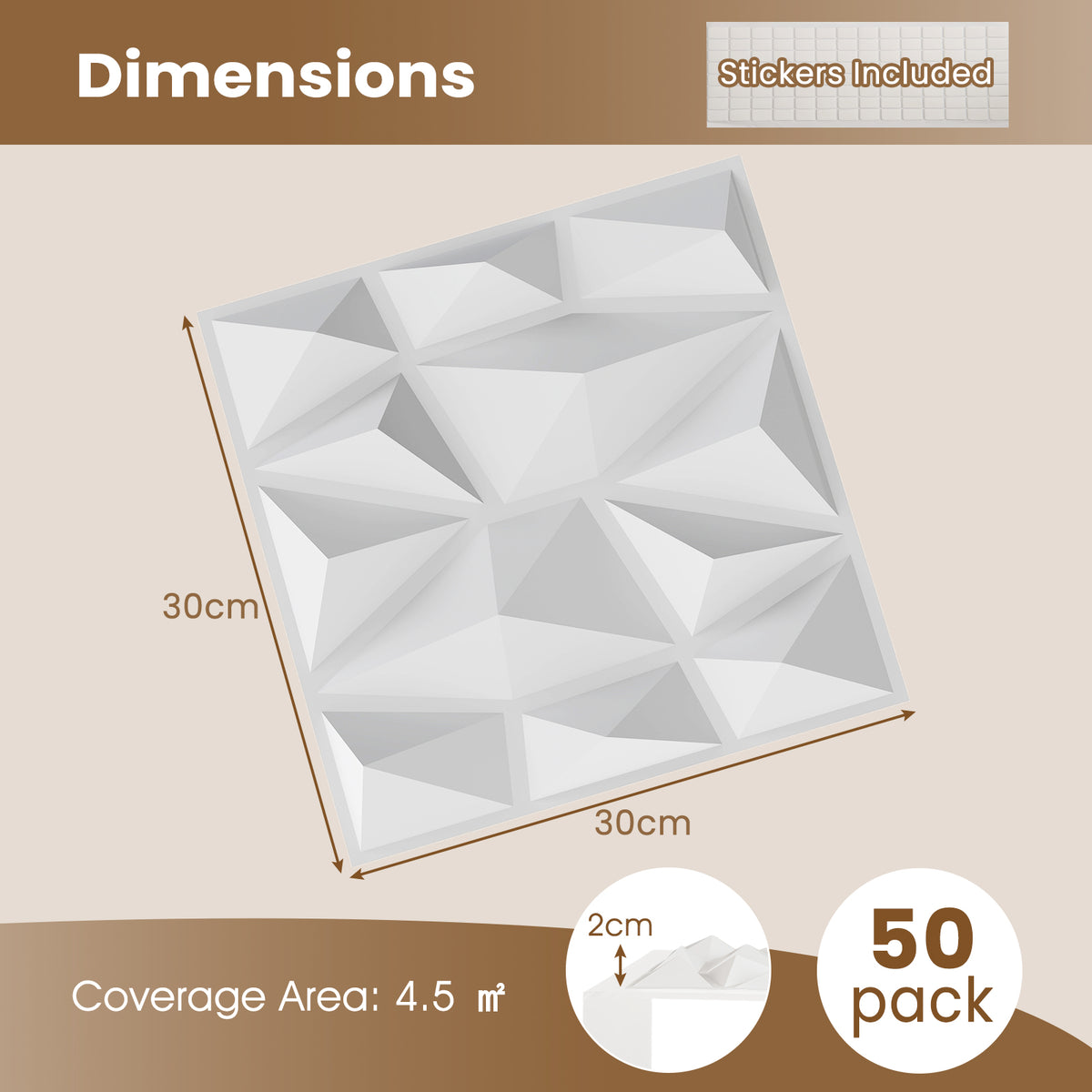 50/100-Pack 3D Wall Panels, Fire-Resistant PVC Interior Wall Decoration with Diamond Accent
