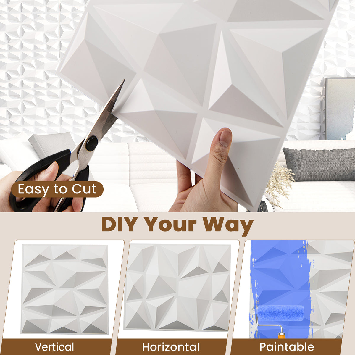 50/100-Pack 3D Wall Panels, Fire-Resistant PVC Interior Wall Decoration with Diamond Accent