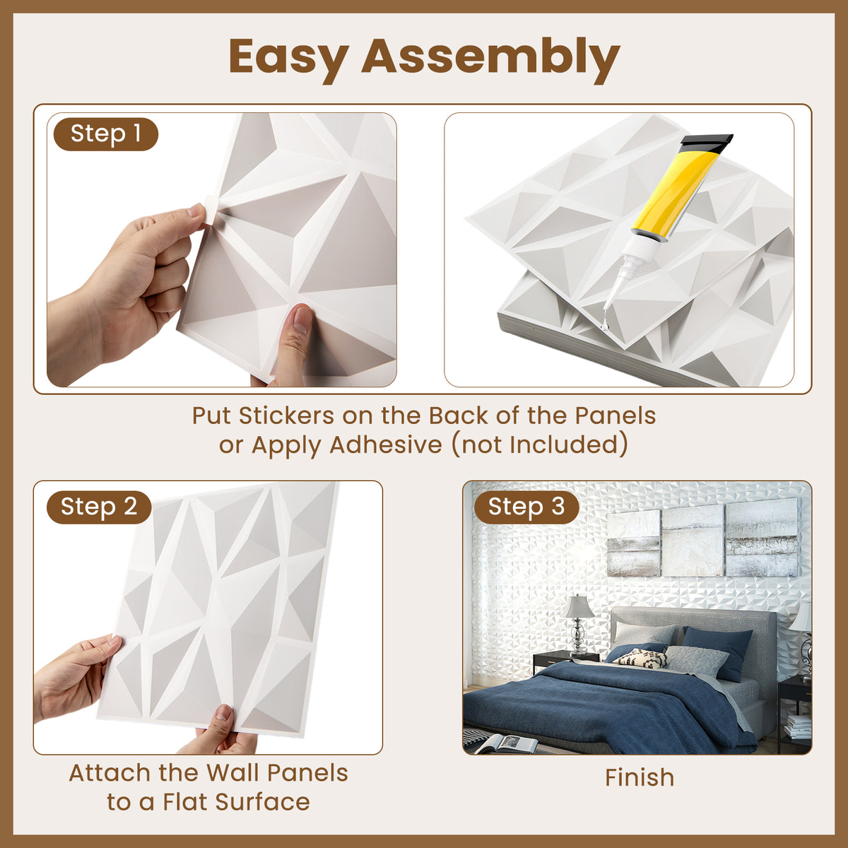 50/100-Pack 3D Wall Panels, Fire-Resistant PVC Interior Wall Decoration with Diamond Accent