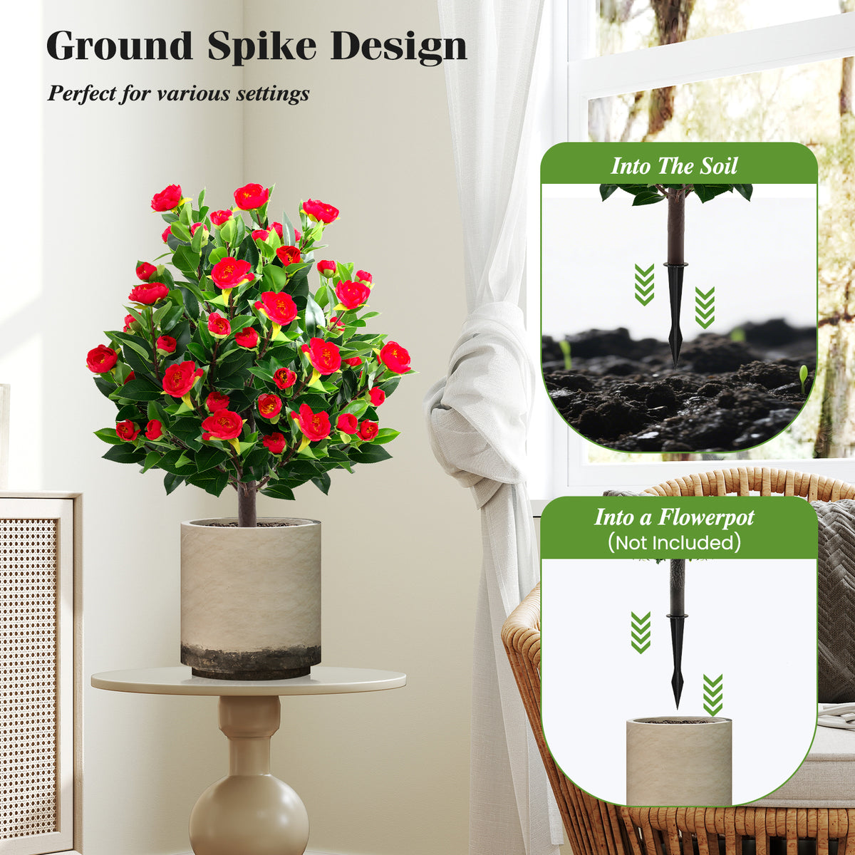 2 Pack Fake Flower Trees with Ground Spikes, Floral Blooming Bushes