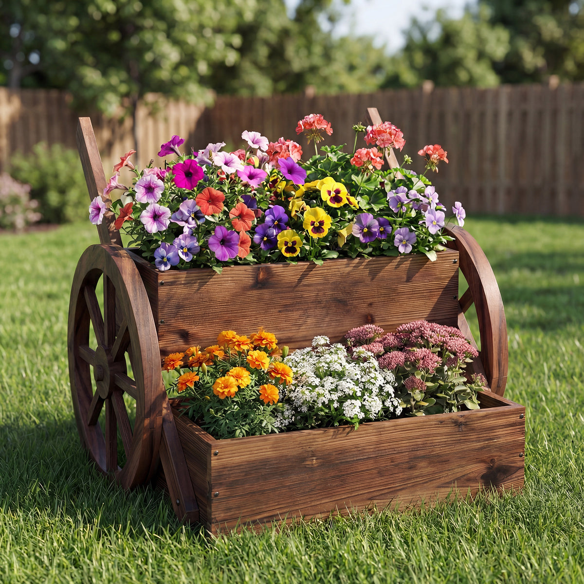 2-Tier Versatile Raised Garden Bed with Wheels and Rustic Wood Wagon Planter