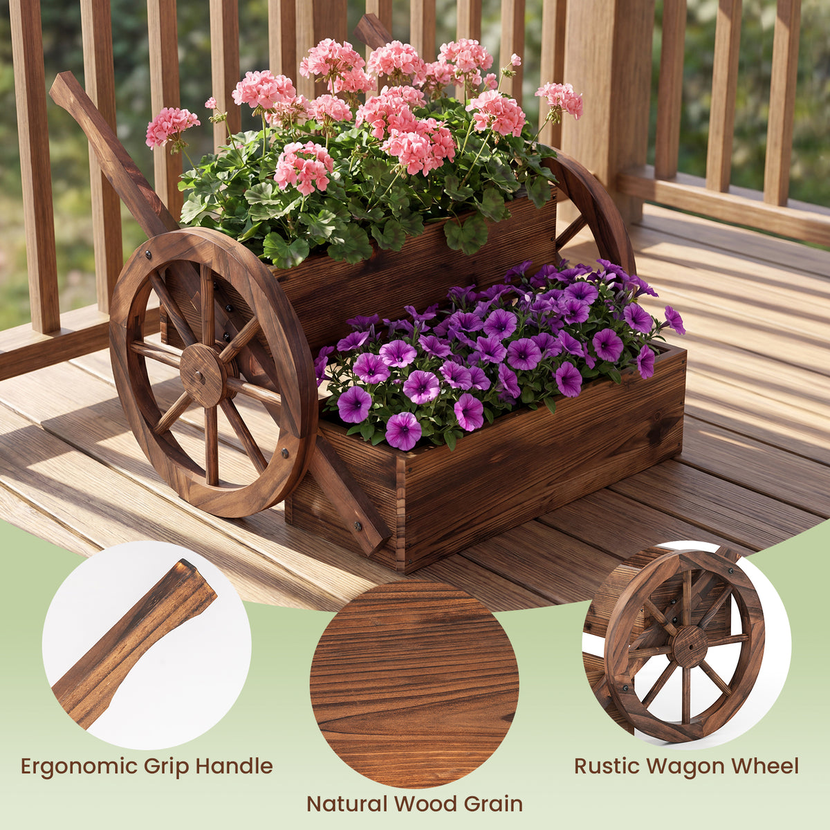 2-Tier Versatile Raised Garden Bed with Wheels and Rustic Wood Wagon Planter