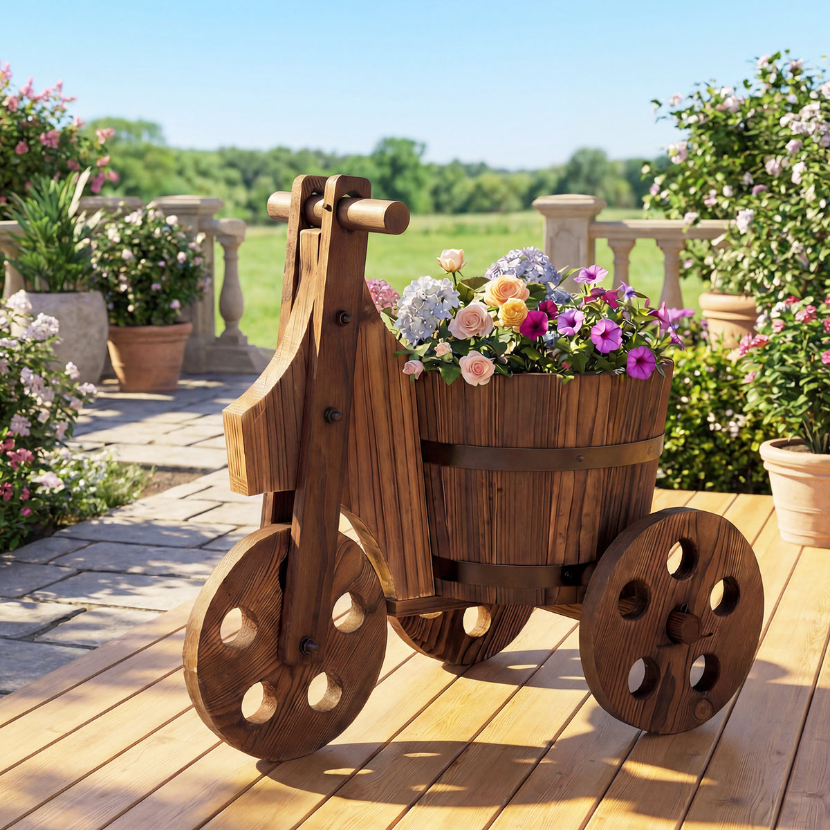 Barrel Flower Cart Planter with Drainage Hole for Growing Vegetables Herbs