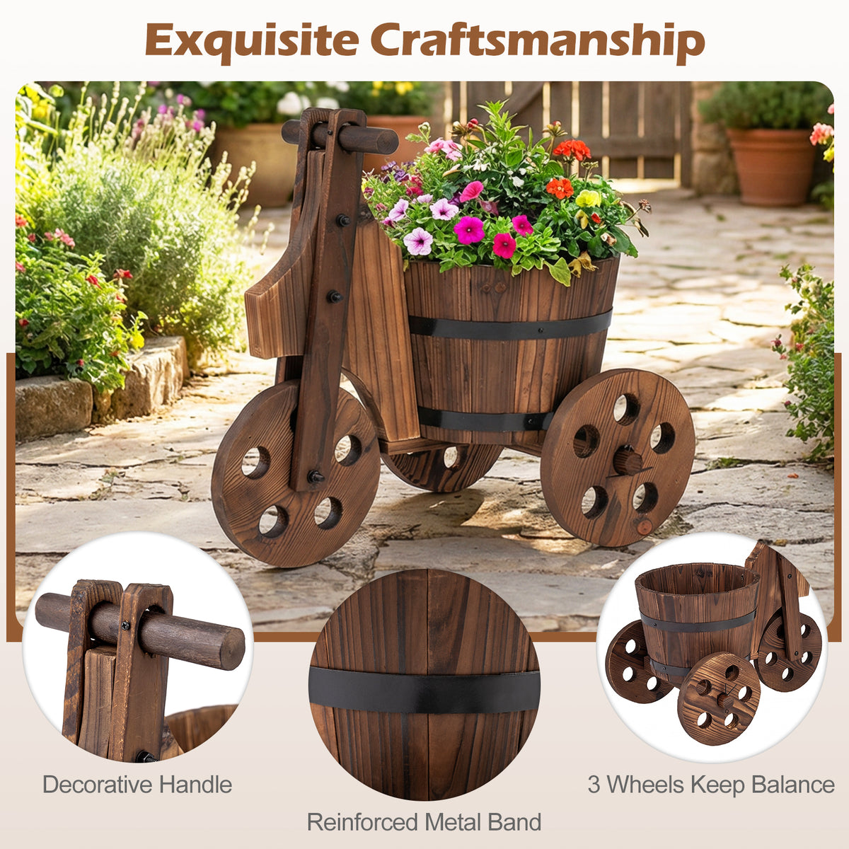 Barrel Flower Cart Planter with Drainage Hole for Growing Vegetables Herbs