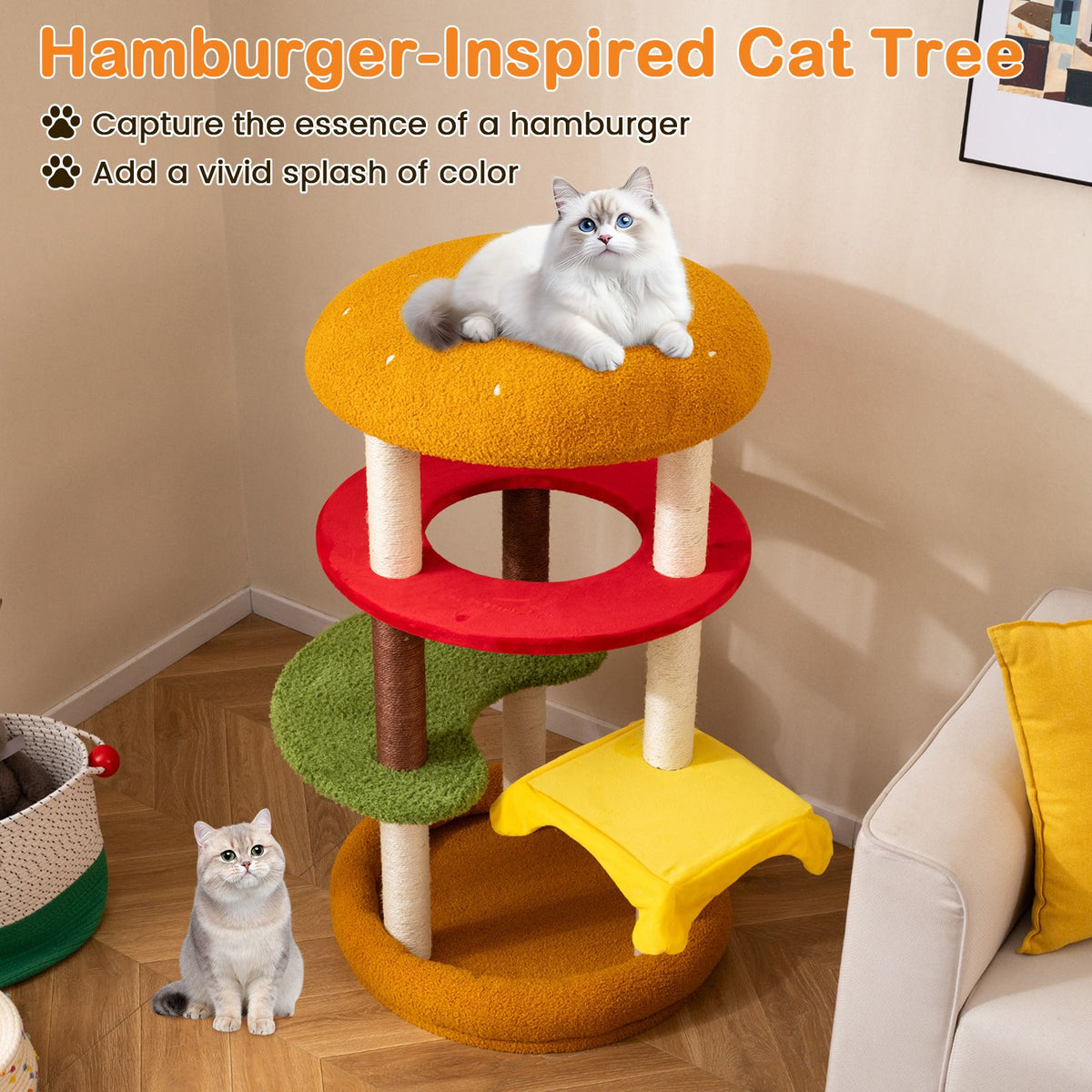 Hamburger-Theme Climbing Stand with Scratching Posts and Cozy Bed