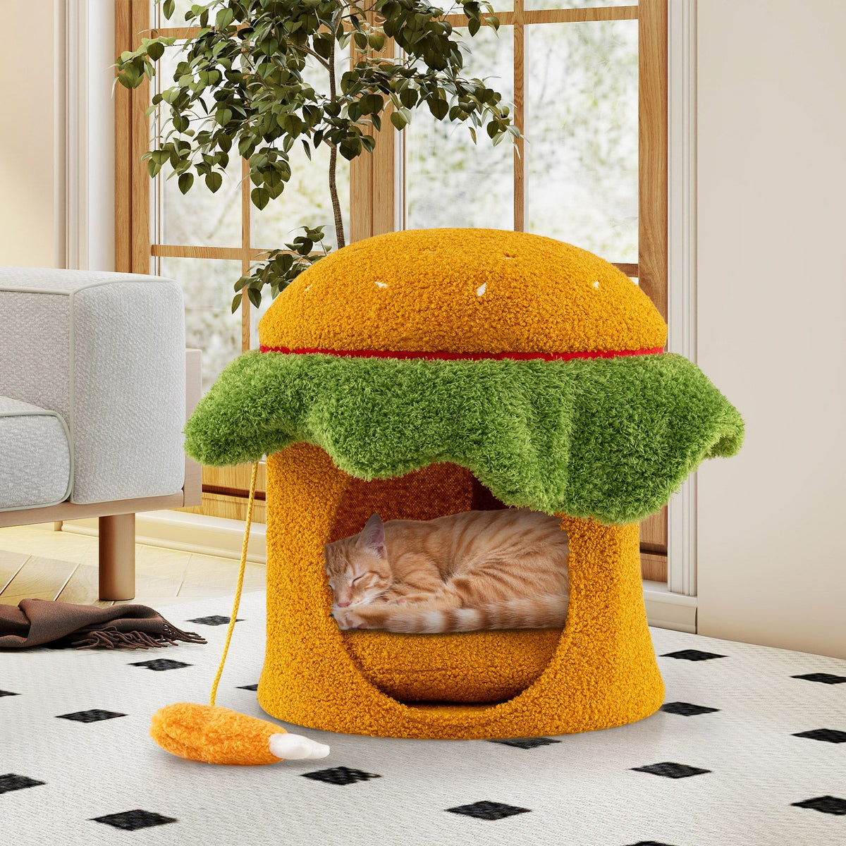 Hamburger Cat Condo with Hanging Toy and Removable Cushion