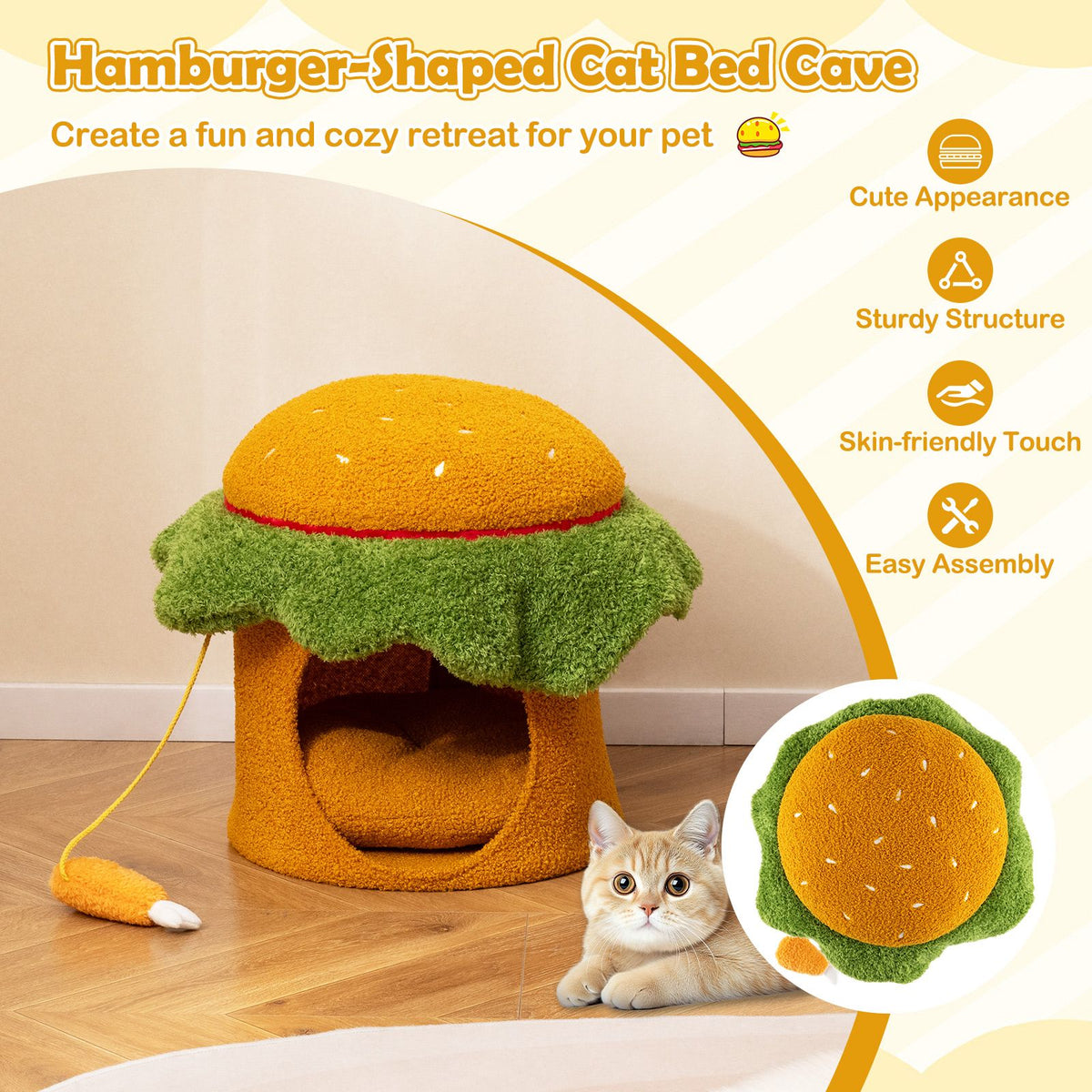 Hamburger Cat Condo with Hanging Toy and Removable Cushion