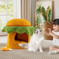 Hamburger Cat Condo with Hanging Toy and Removable Cushion