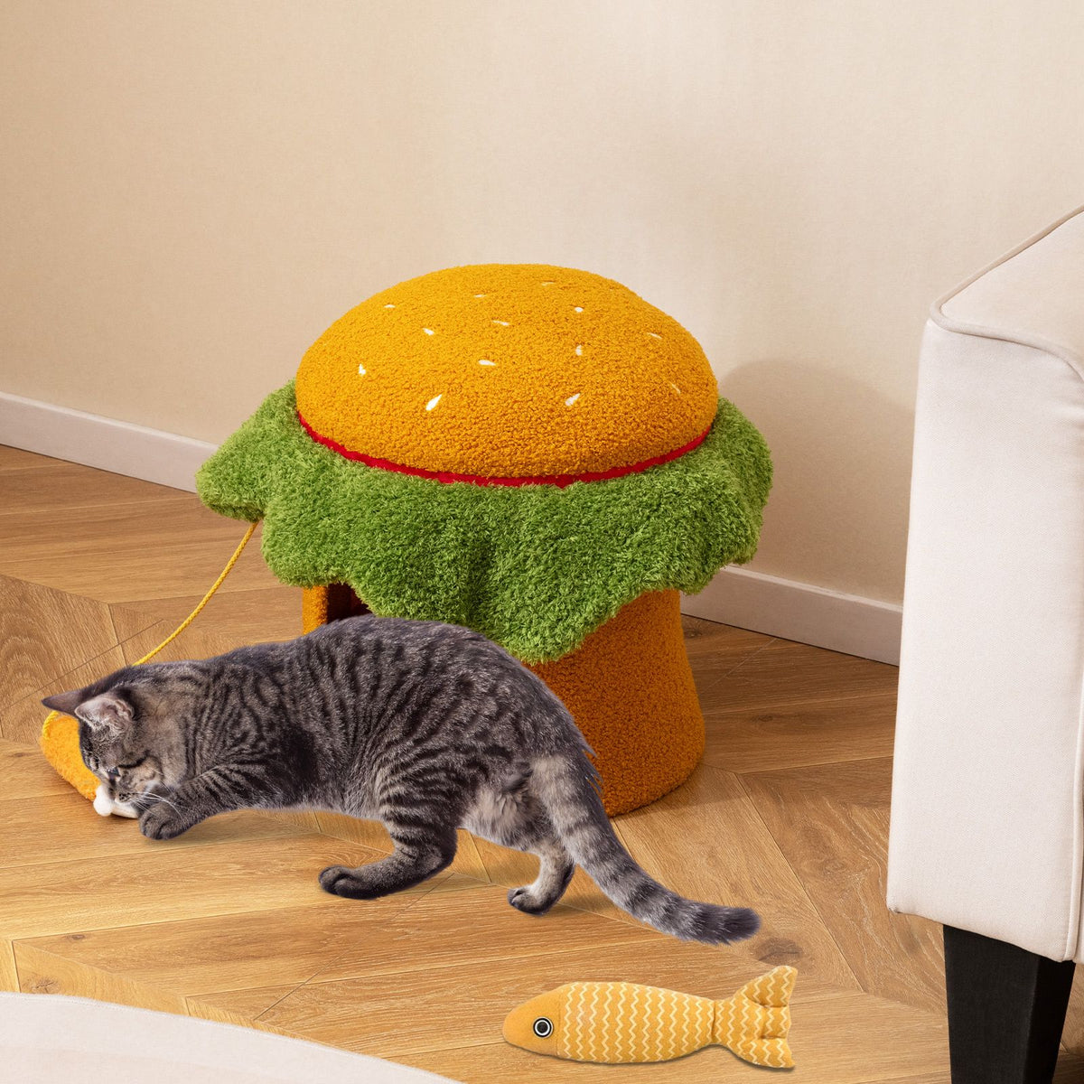 Hamburger Cat Condo with Hanging Toy and Removable Cushion