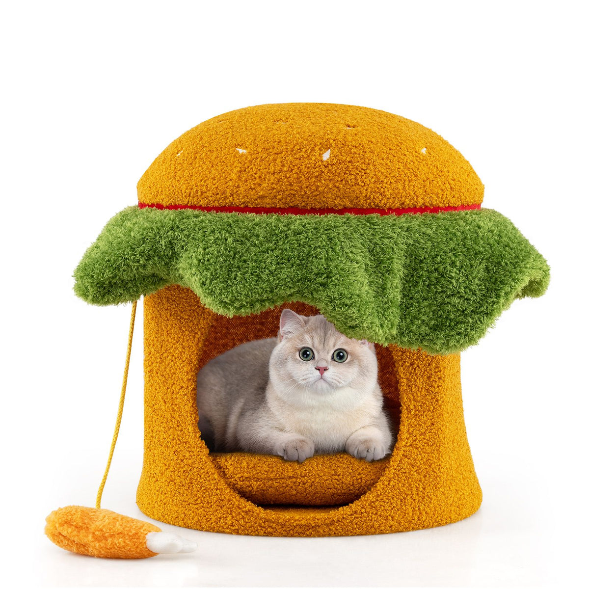 Hamburger Cat Condo with Hanging Toy and Removable Cushion