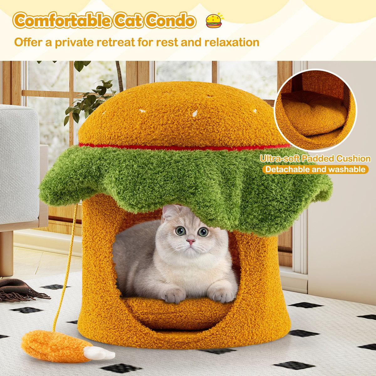 Hamburger Cat Condo with Hanging Toy and Removable Cushion