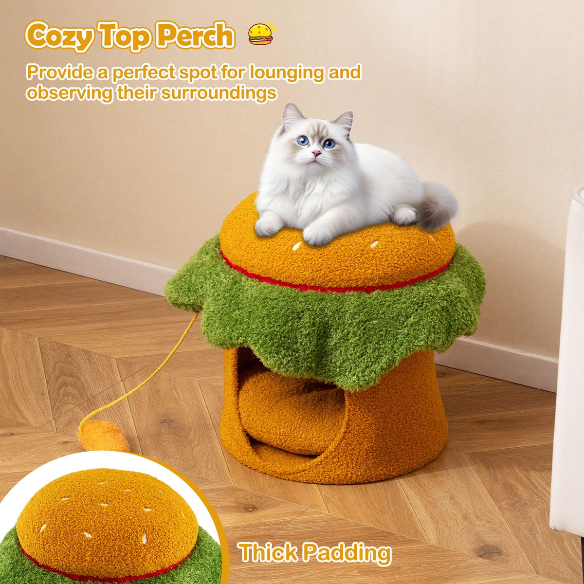 Hamburger Cat Condo with Hanging Toy and Removable Cushion