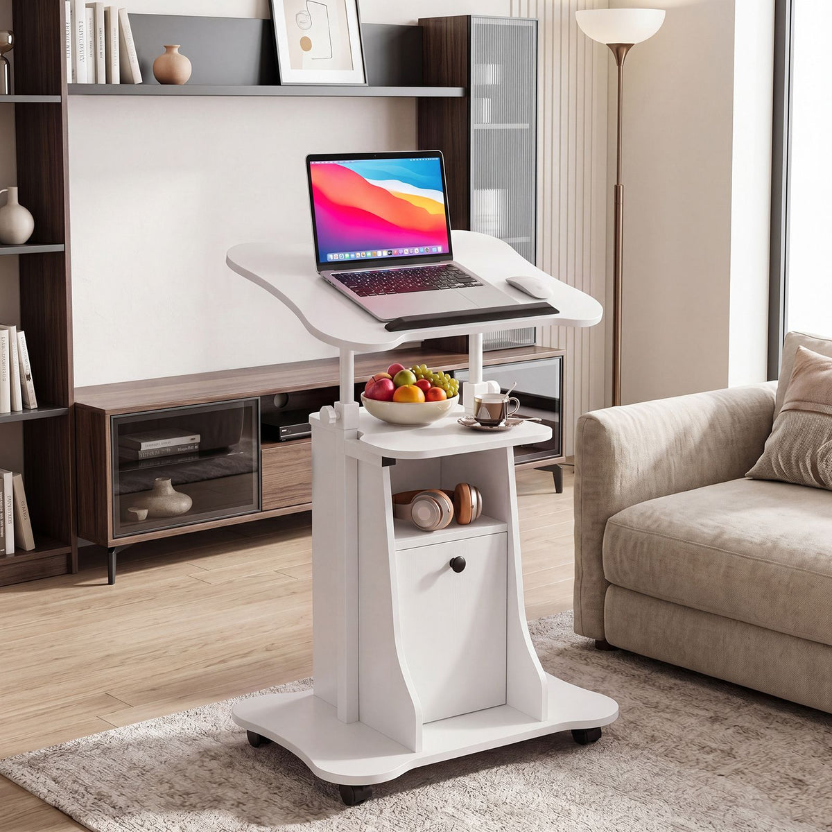 Height Adjustable Laptop Table with Tilting Tabletop and Storage Shelves Lockable Casters for Home Office