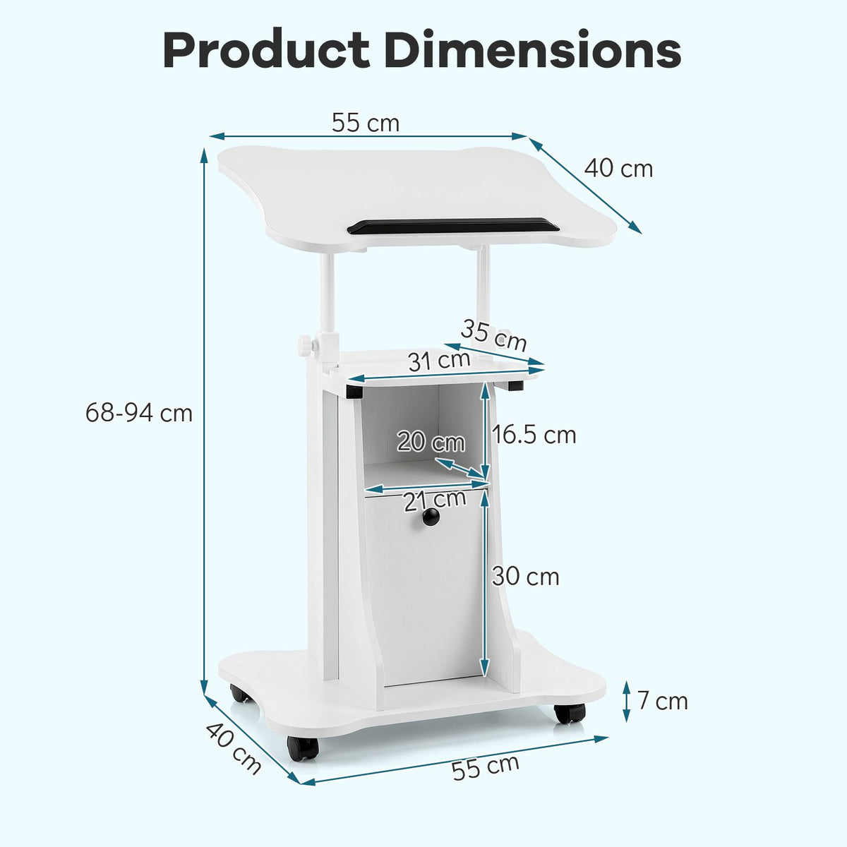 Height Adjustable Laptop Table with Tilting Tabletop and Storage Shelves Lockable Casters for Home Office