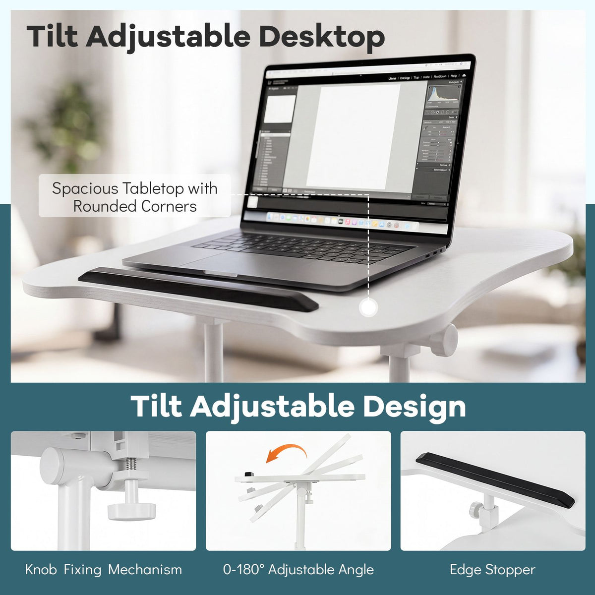 Height Adjustable Laptop Table with Tilting Tabletop and Storage Shelves Lockable Casters for Home Office