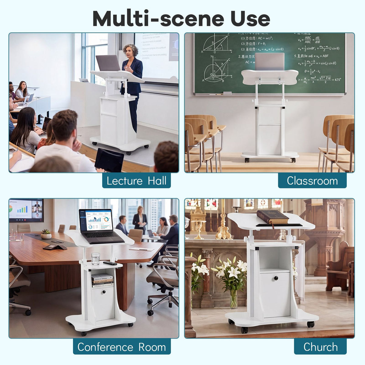 Height Adjustable Laptop Table with Tilting Tabletop and Storage Shelves Lockable Casters for Home Office