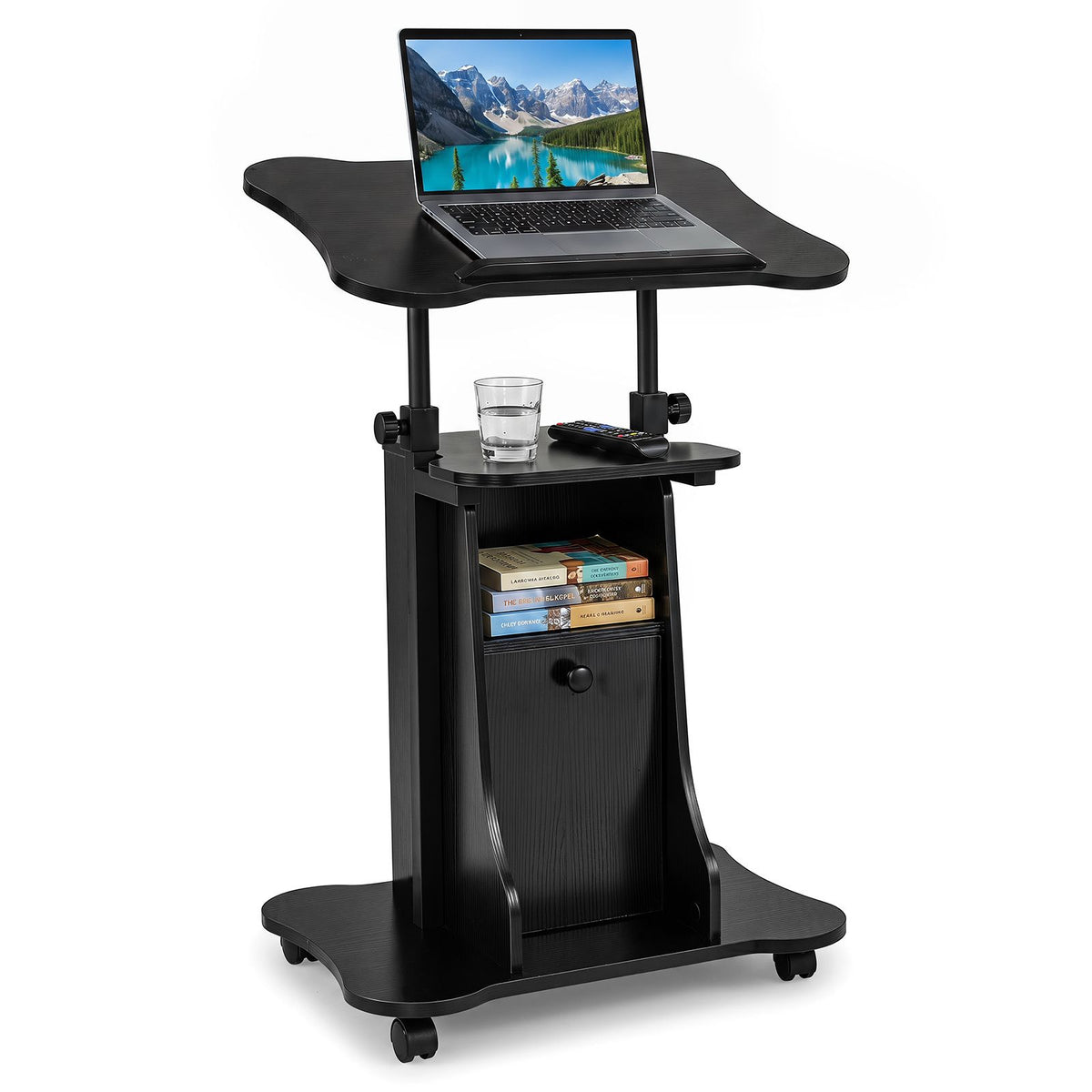 Height Adjustable Laptop Table with Tilting Tabletop and Storage Shelves Lockable Casters for Home Office