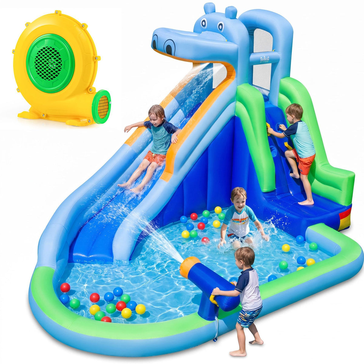 Hippo-Themed Inflatable Water Slide without Blower for Kids with Long Slide