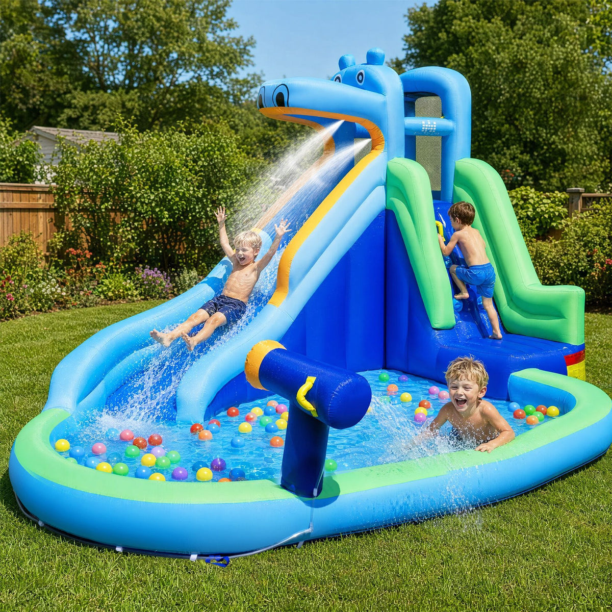 Hippo-Themed Inflatable Water Slide without Blower for Kids with Long Slide