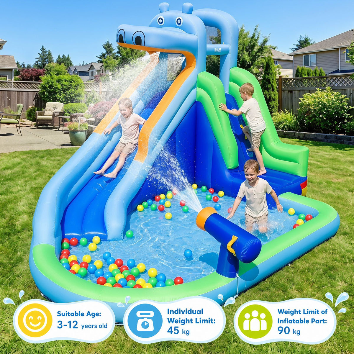 Hippo-Themed Inflatable Water Slide without Blower for Kids with Long Slide