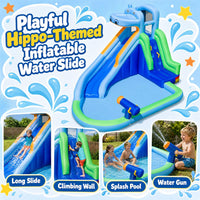 Hippo-Themed Inflatable Water Slide without Blower for Kids with Long Slide