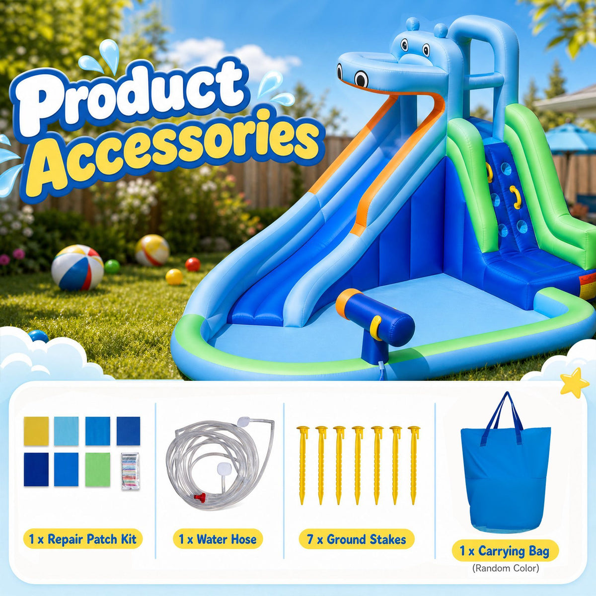 Hippo-Themed Inflatable Water Slide without Blower for Kids with Long Slide