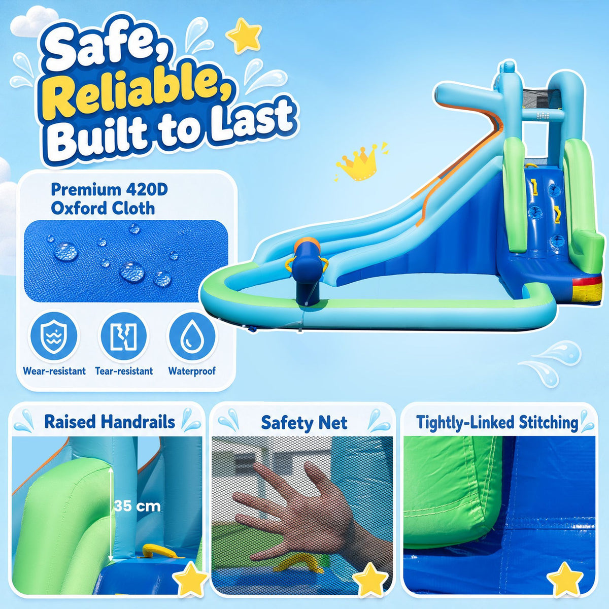 Hippo-Themed Inflatable Water Slide without Blower for Kids with Long Slide