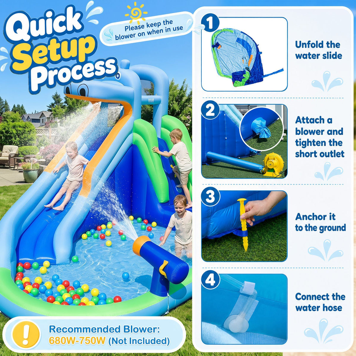 Hippo-Themed Inflatable Water Slide without Blower for Kids with Long Slide